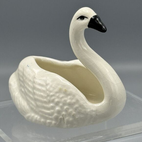 Vtg Small Swan Figurine Planter Black Beak '84 Stock Heaving Crazing 3" Birds - Picture 1 of 8